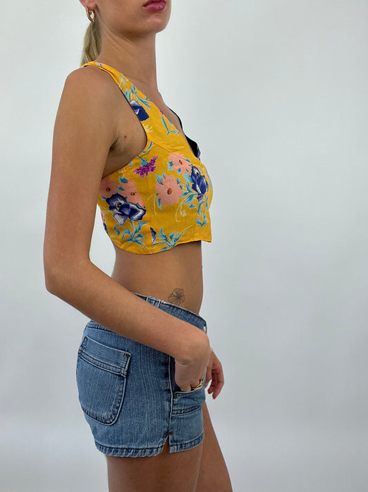 COASTAL COWGIRL DROP | small yellow reversible cropped top with blue floral print