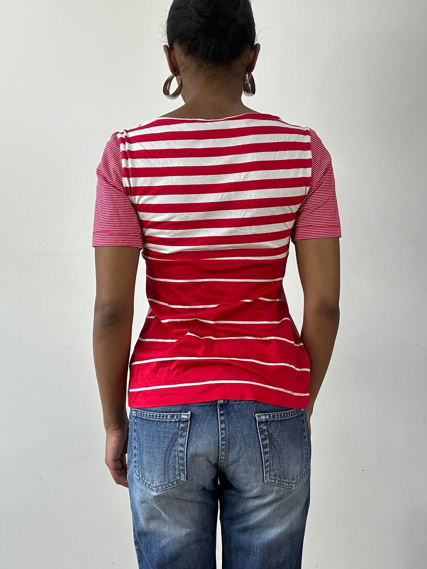 vintage edit twenty-seven | medium red miss sixty pinstripe top with silver logo detail