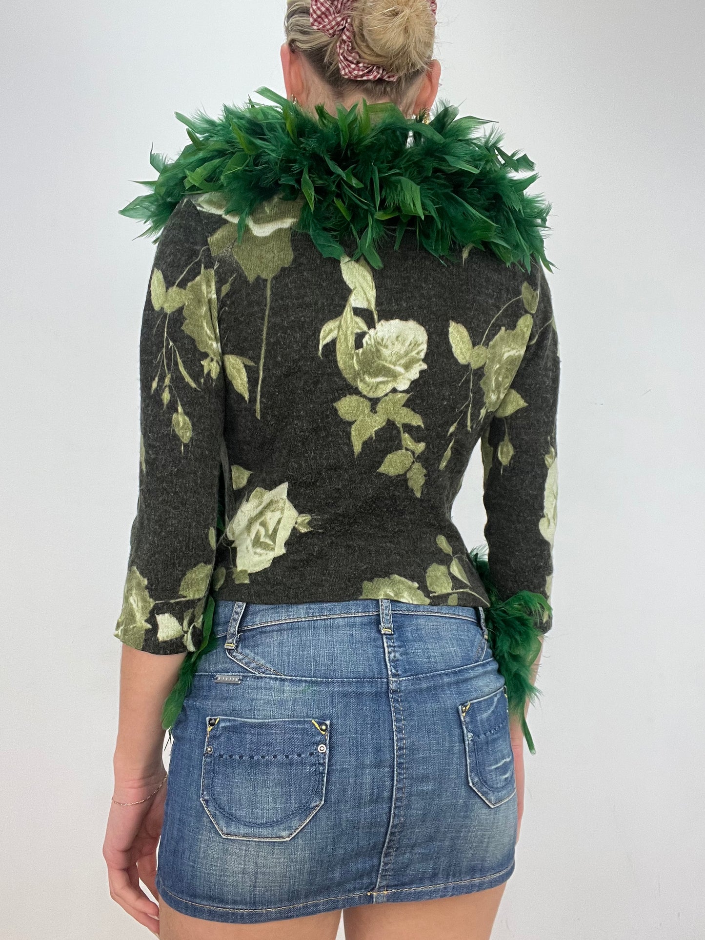vintage edit ten | small green floral and feather cardigan