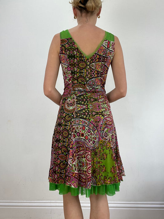 vintage edit: wedding guest | small green and pink midi dress with paisley print
