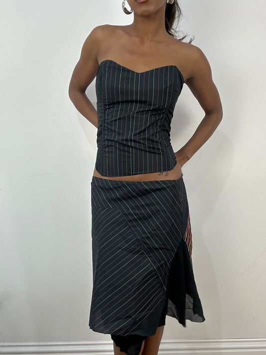 BEST PICKS | small black corset top with matching skirt in pinstripe