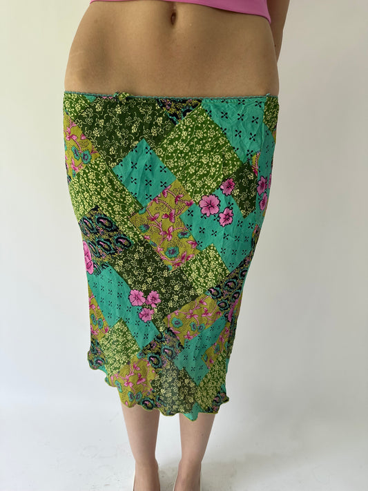festival drop | extra small green pattered midi skirt