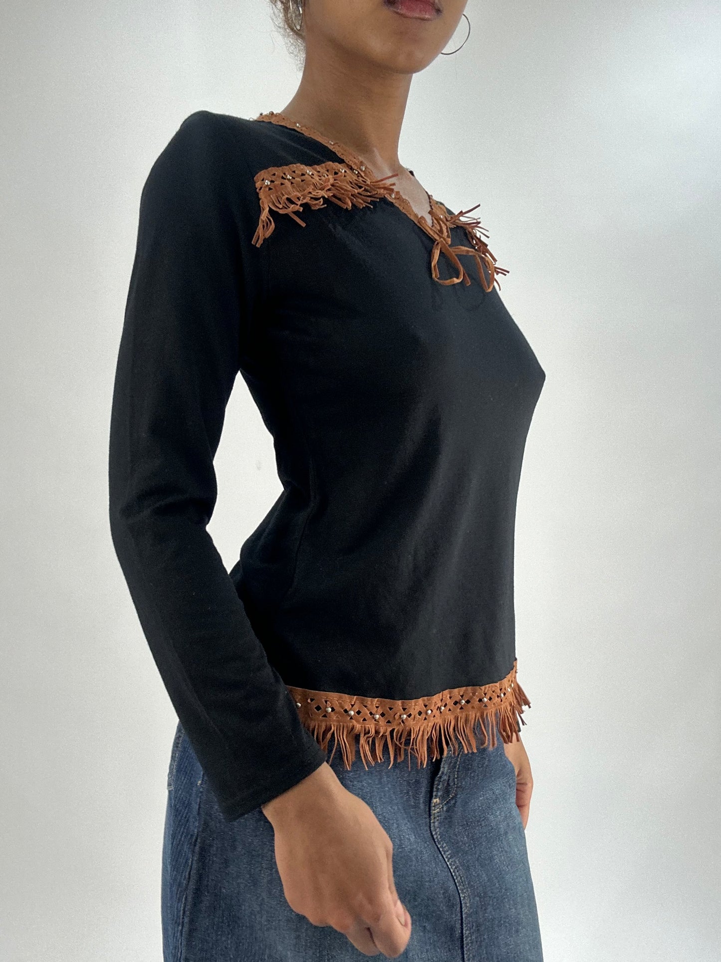 vintage edit thirty-five | medium black long sleeve top with fringe detail