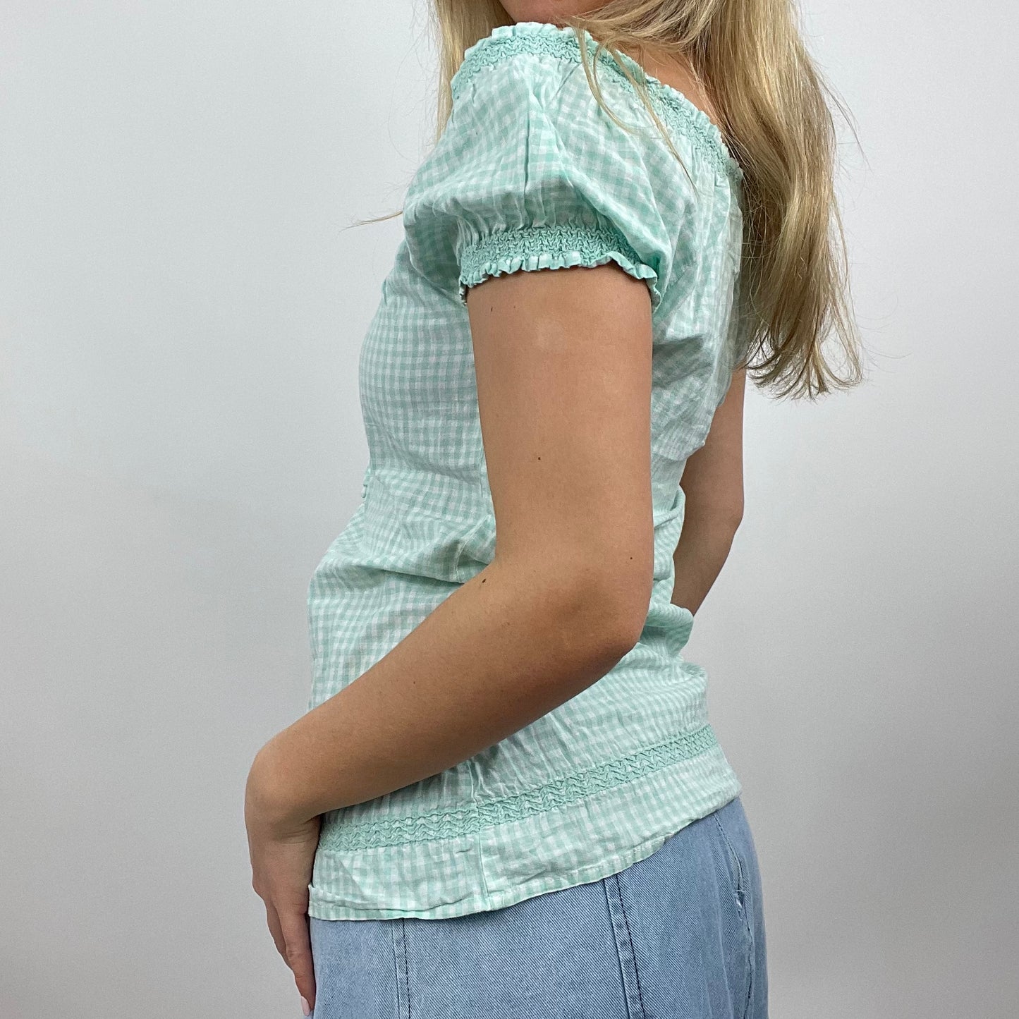 💚 💻 BEST PICKS | small fishbone blue gingham off shoulder milkmaid style top