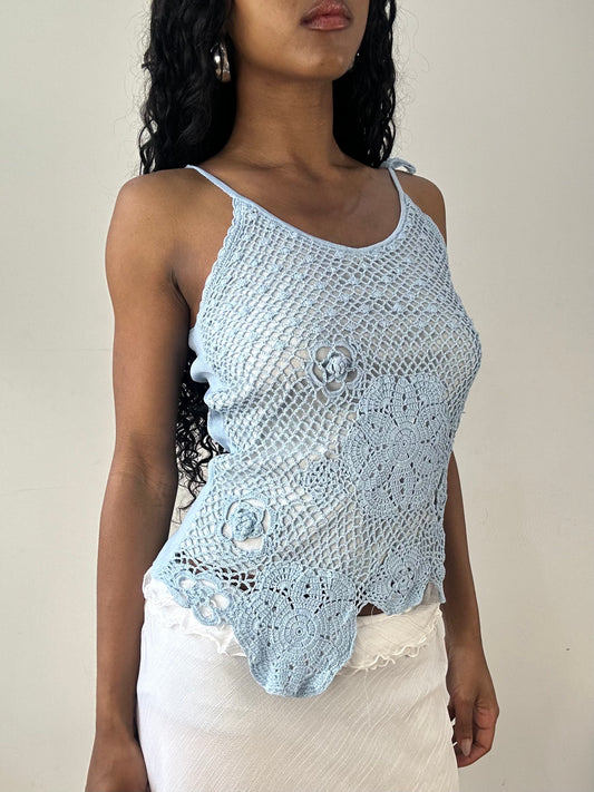 vintage edit twenty-three | small blue crotchet cami top with floral detail