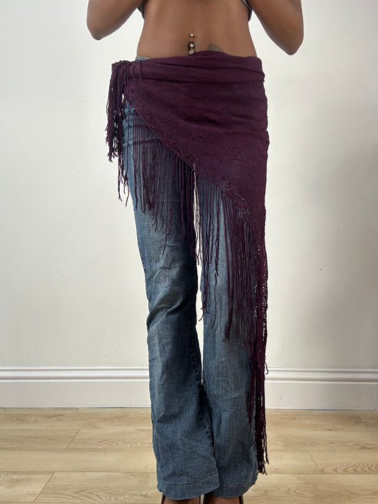 LFW edit | purple floral sheer wrap with tassel details