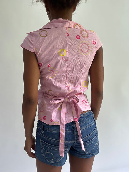 sailor drop | small pink wrap top with circle print