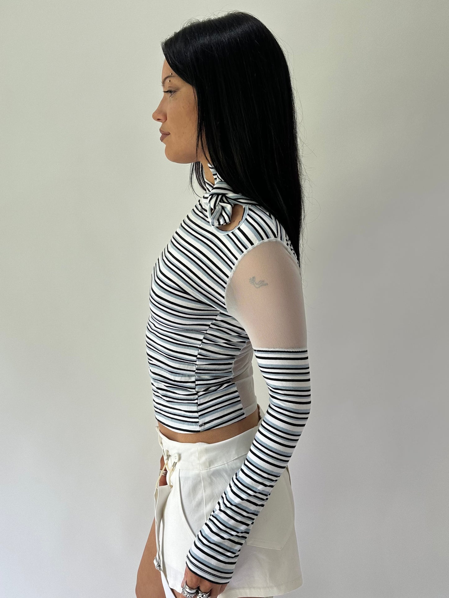 sailor drop | small blue striped high neck mesh long sleeve top