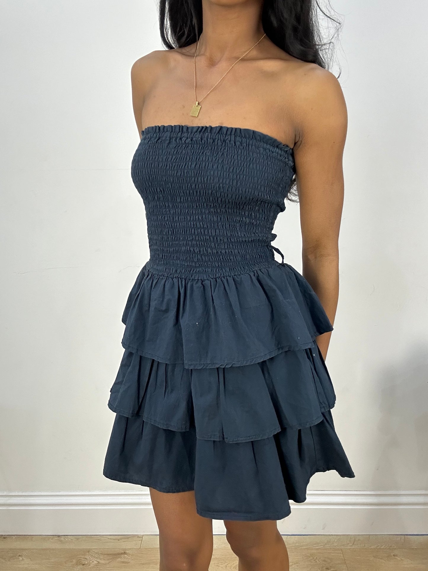 BEST PICKS | extra small navy blue bandeau ruffle mini dress
