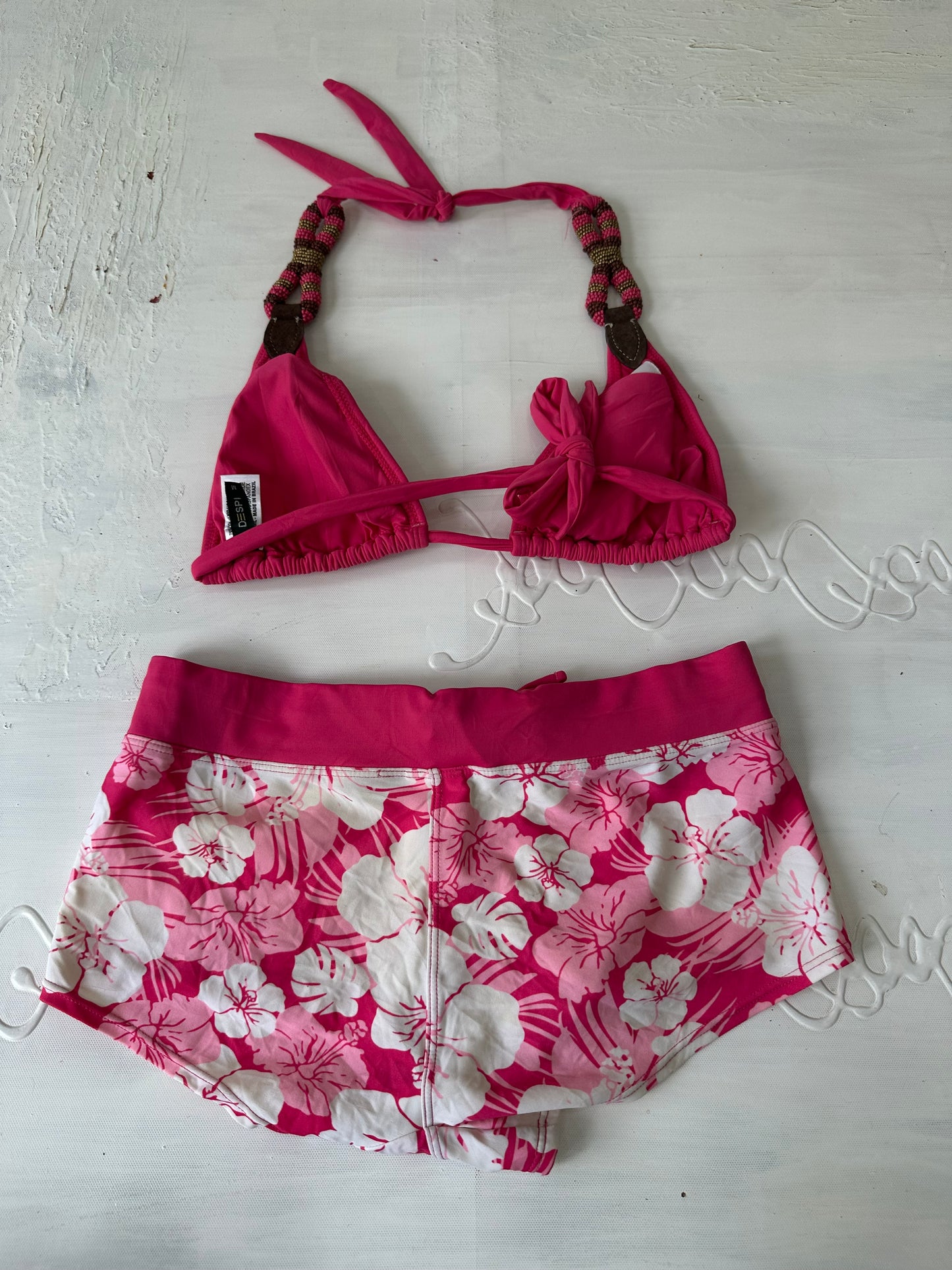 vintage edit twenty-seven | small pink beaded bikini top and hibiscus swim shorts