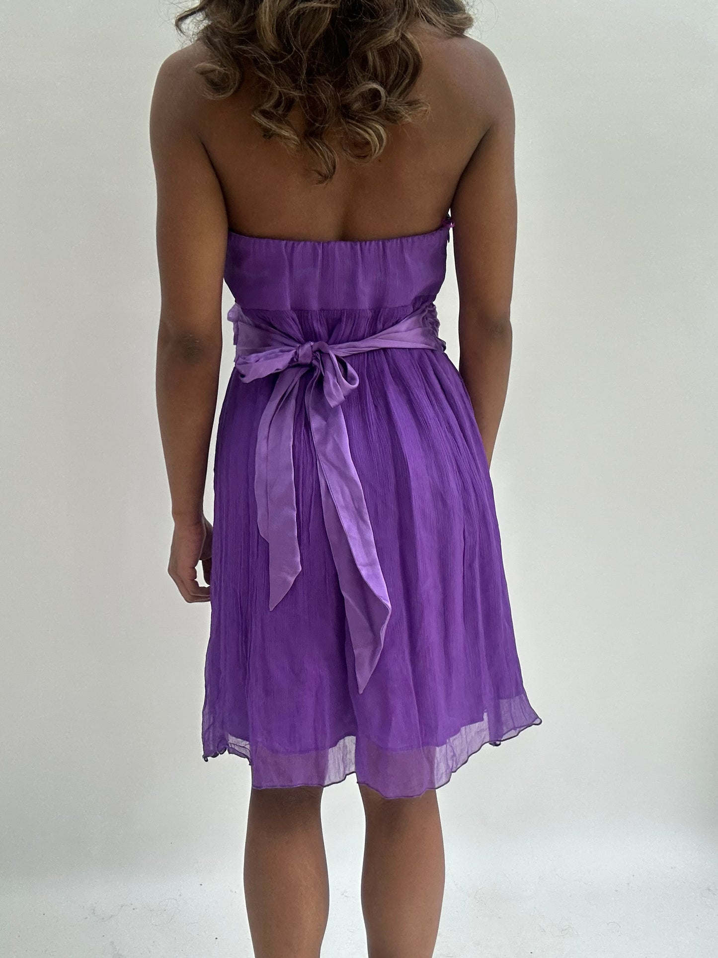 wedding guest drop | small purple silk layered bandeau mini dress