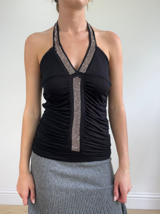 💻💚vintage edit twenty-four | medium black halterneck top with silver diamanté detail