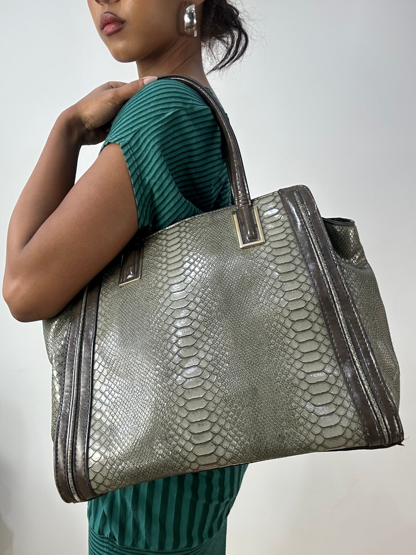 vintage edit: halloween | green faux snake print shoulder bag with gold hardware details