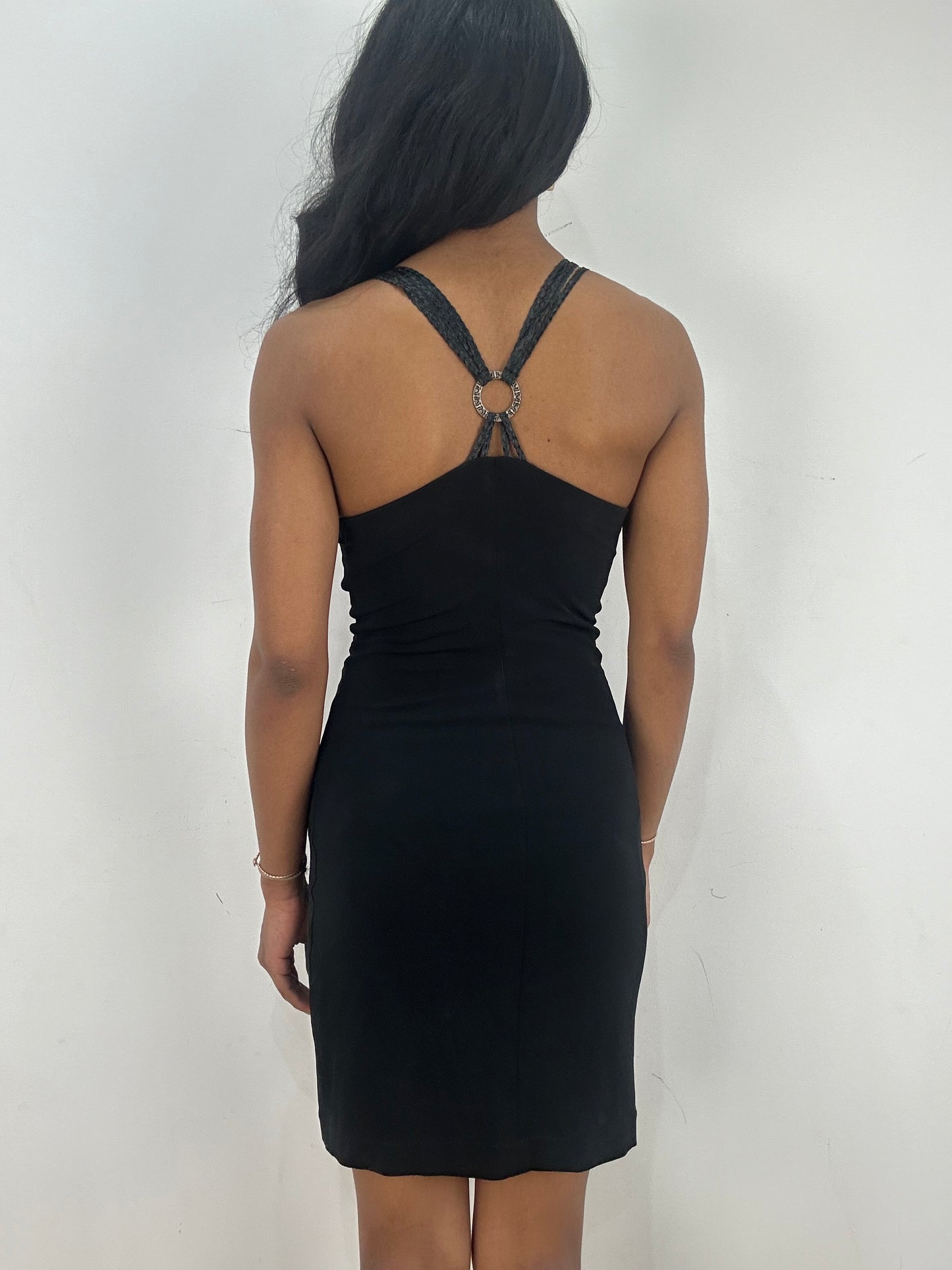 vintage edit fifteen | extra small black mark cain mini dress with braided straps