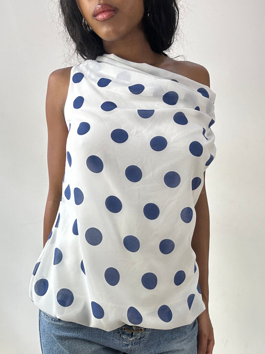 vintage edit twenty-five | medium white cowl neck top with blue polka dot pattern