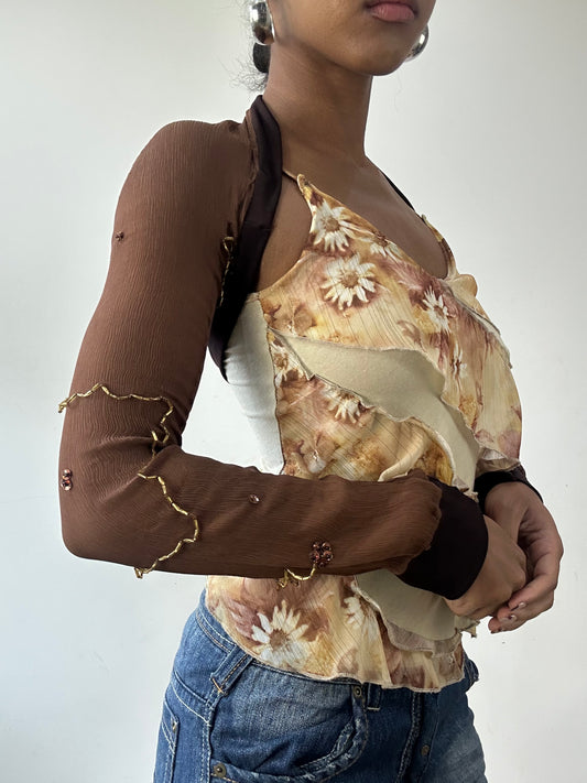💚Vintage editar treinta y uno | pequeño bolero marrón con abalorios dorados