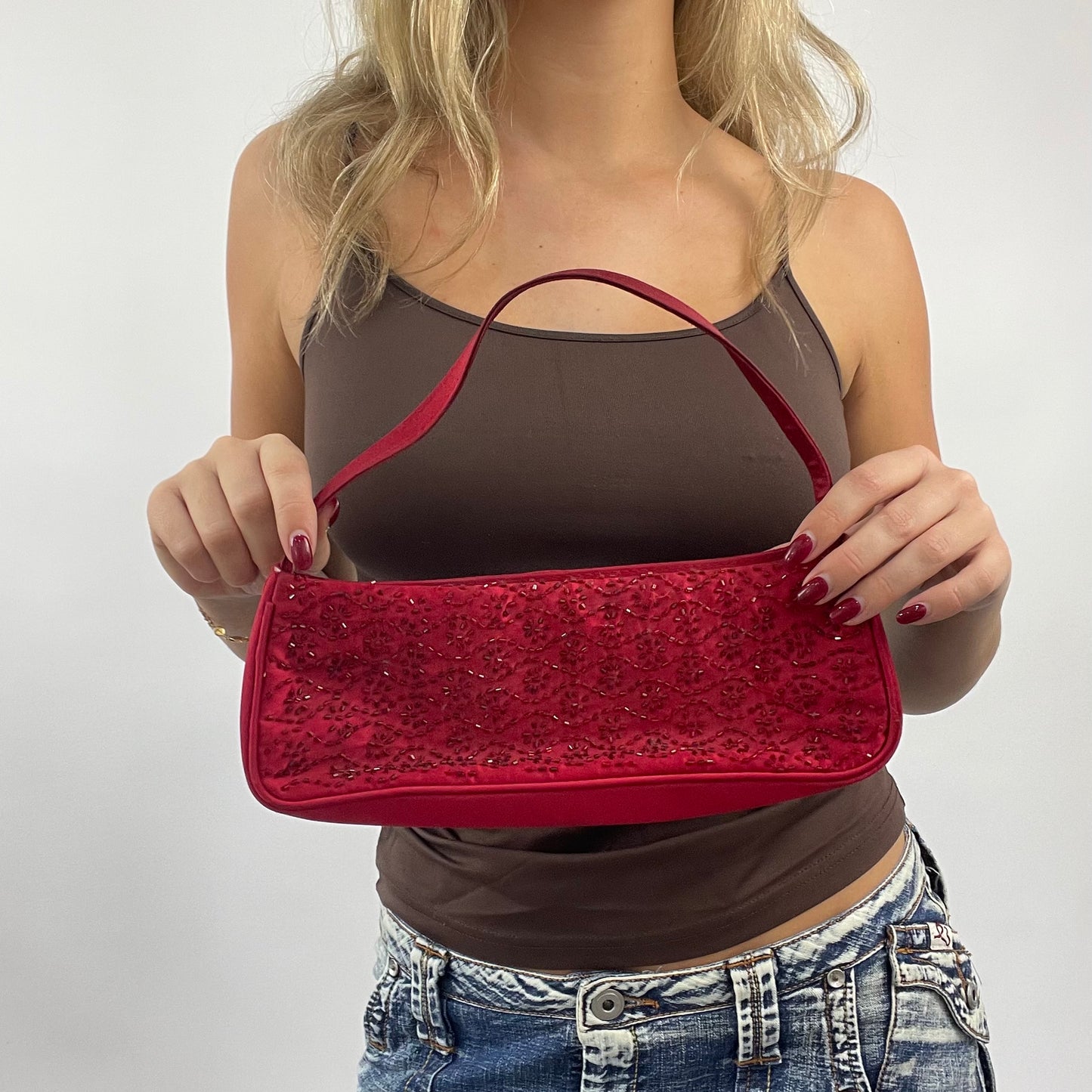 JEANS AND A NICE TOP DROP | red embellished shoulder bag