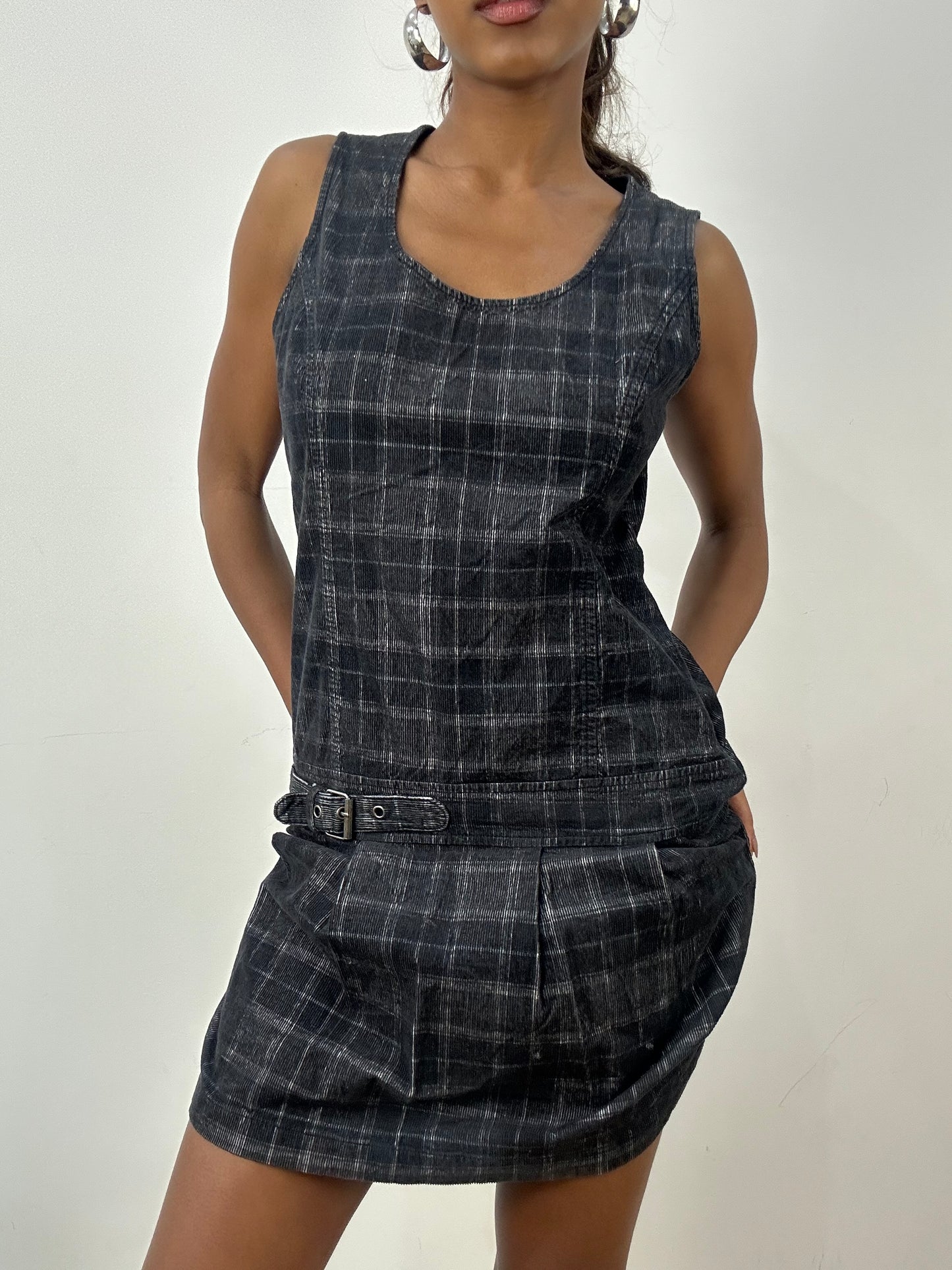 BEST PICKS | medium grey plaid mini dress with buckle waist detail