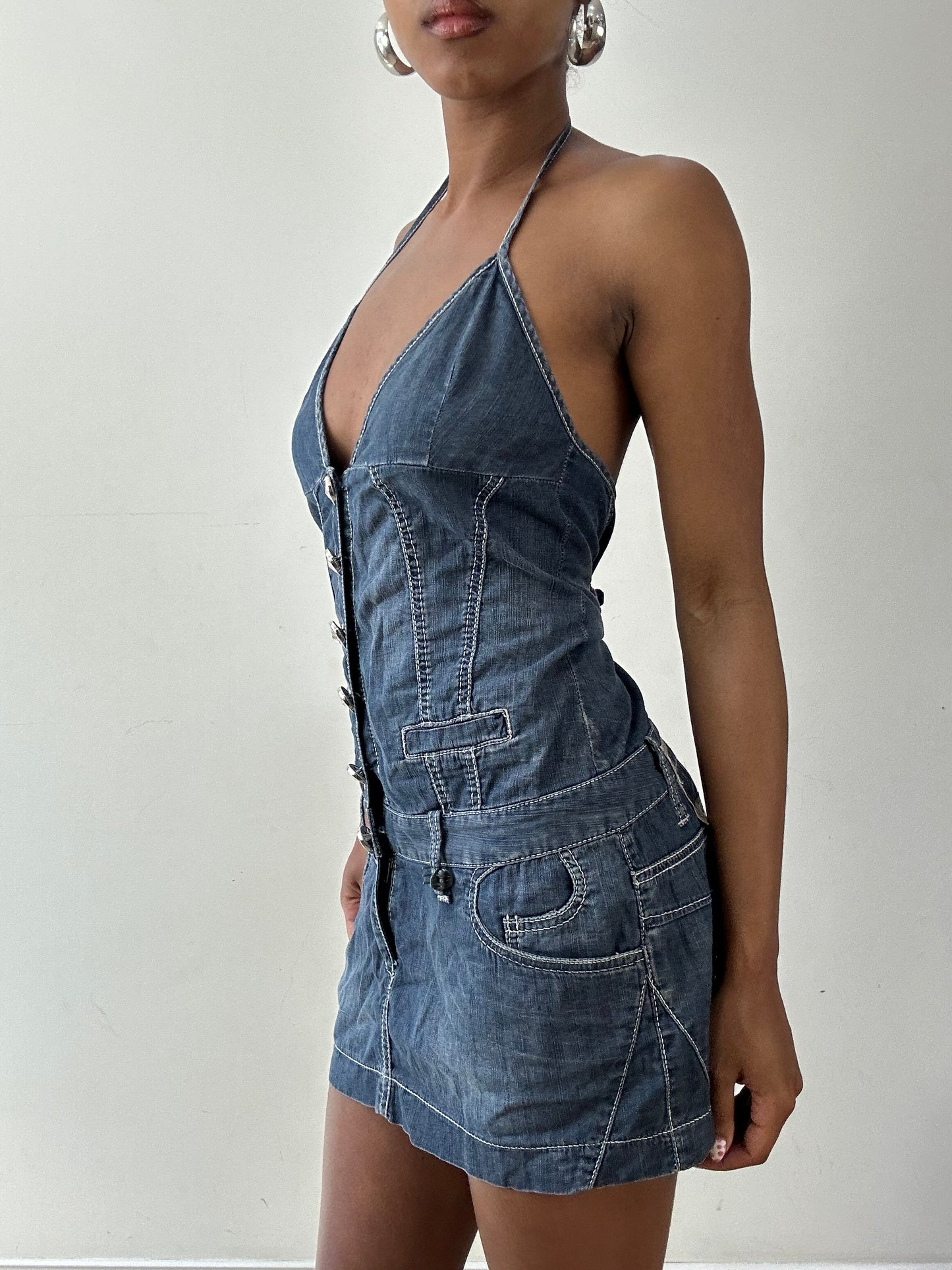 vintage edit twenty-seven | small denim halterneck mini dress with diamanté buttons