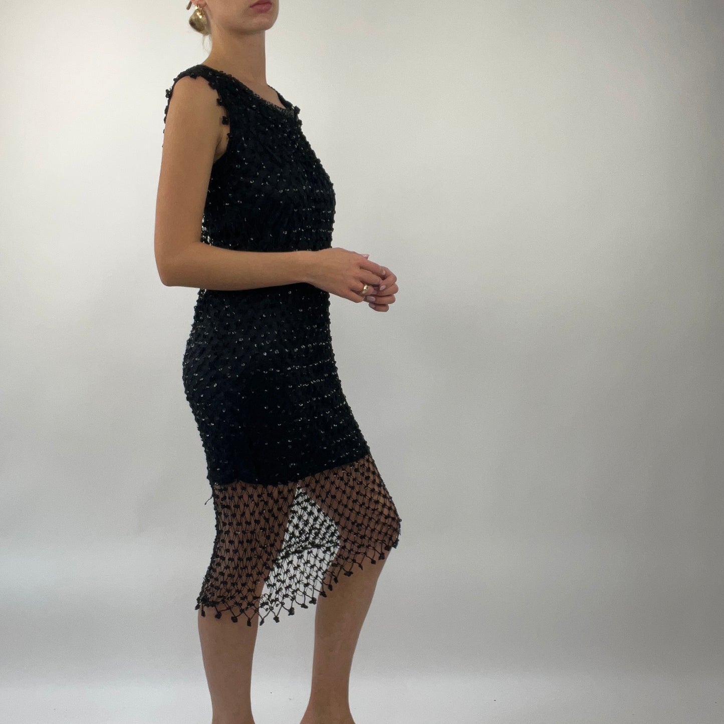 PROM SEASON DROP | medium black midi dress with crochet sequin overlay