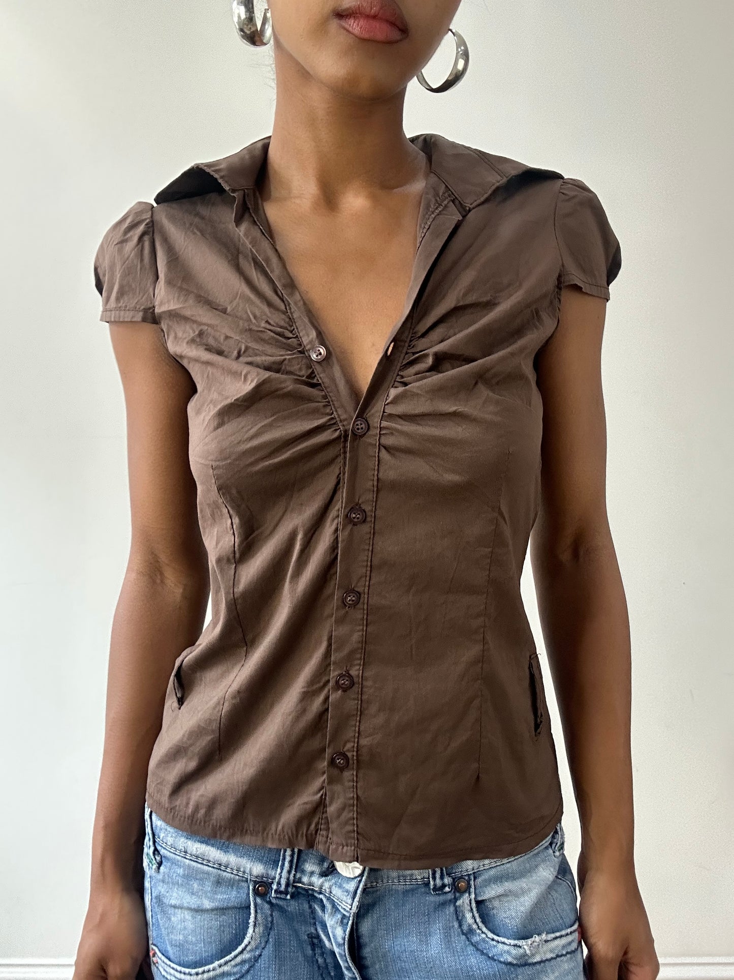 vintage edit thirty-one | small brown button up blouse with ruched detail