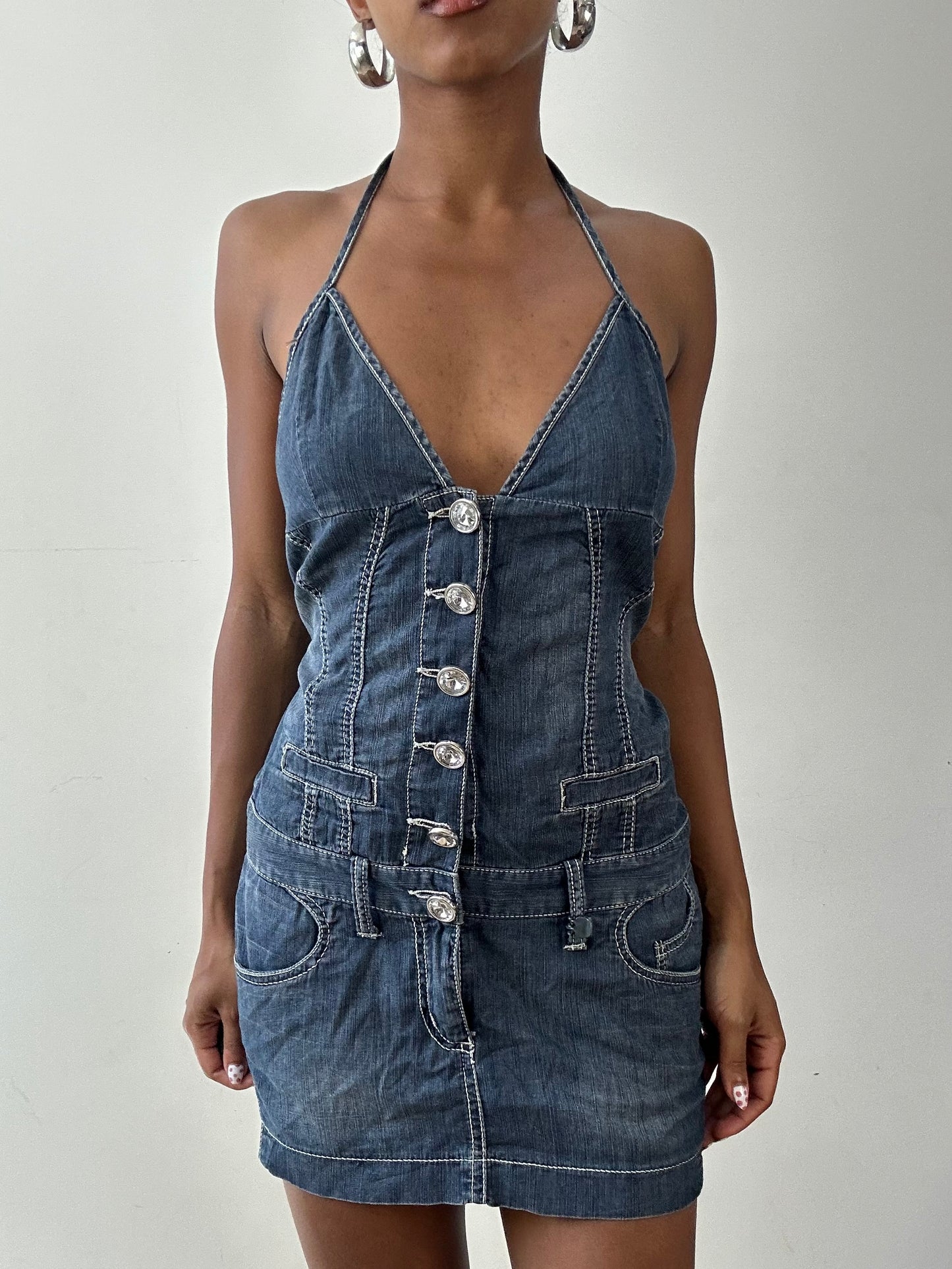 vintage edit twenty-seven | small denim halterneck mini dress with diamanté buttons