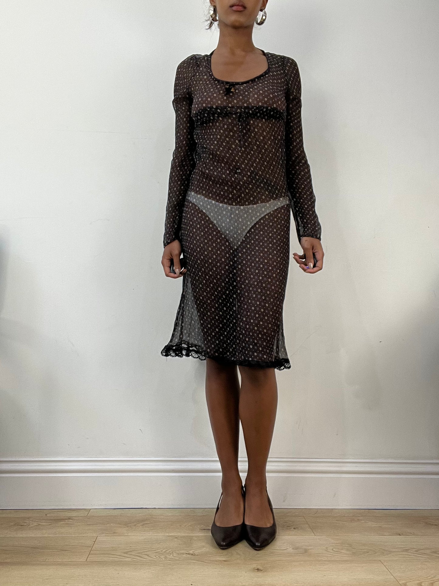 AUTUMN EDIT | small brown sheer midi dress with floral print