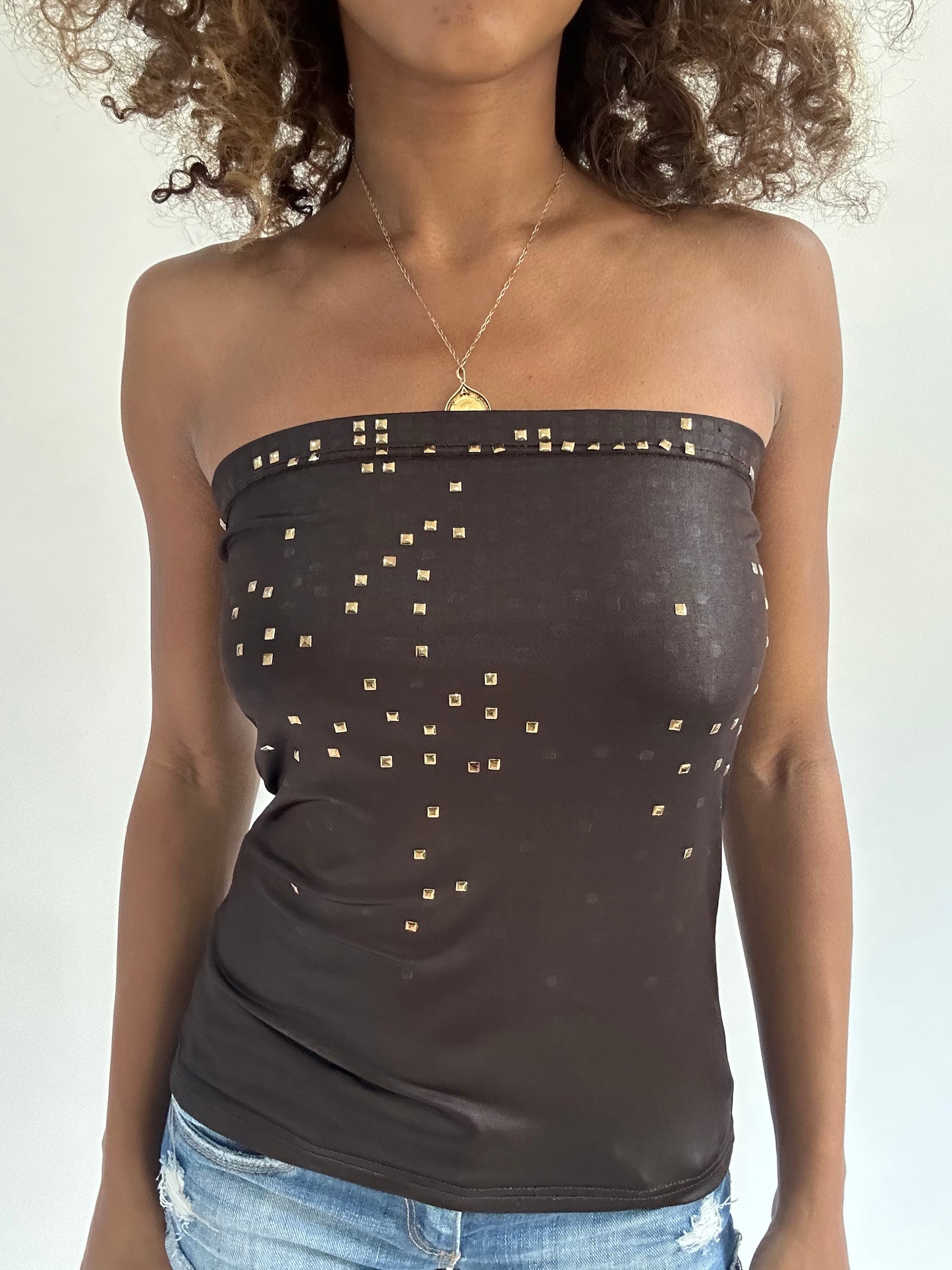 euro trash | small brown strapless top with gold stud detail