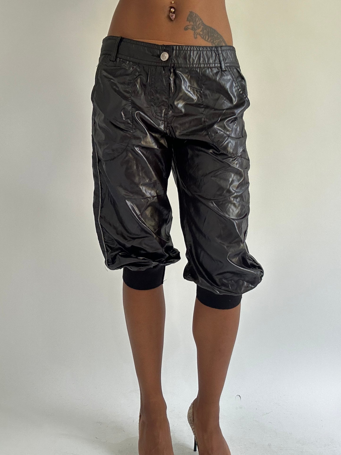 euro trash | small black leather style cropped cargo trousers