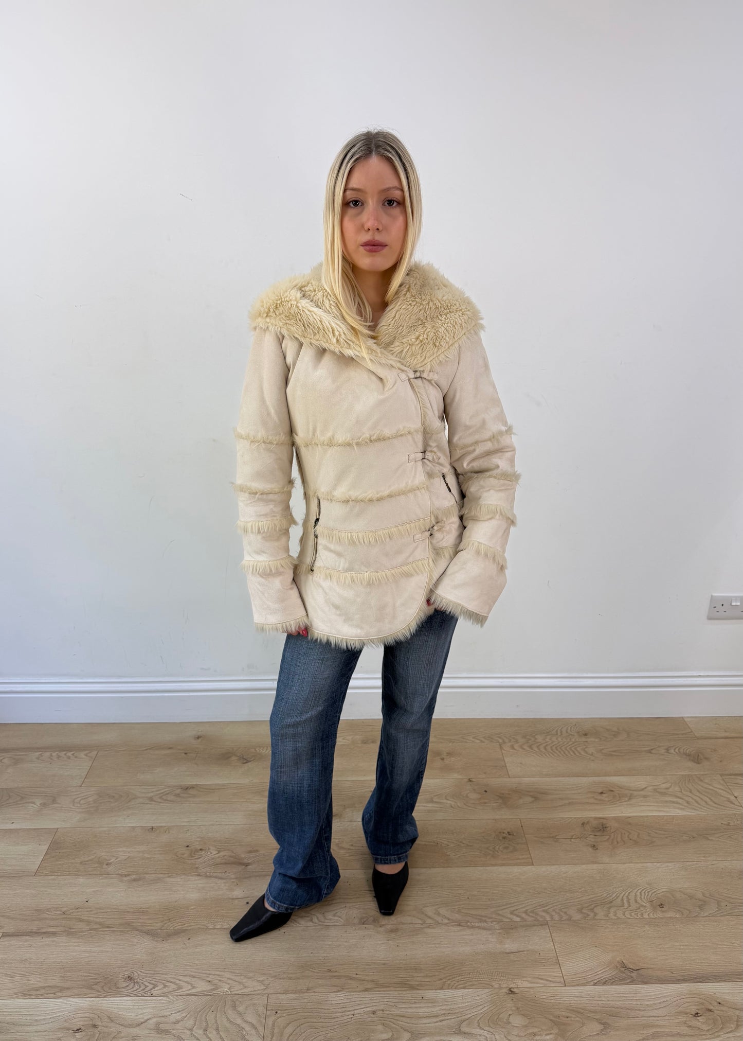 medium cream faux fur hooded jacket