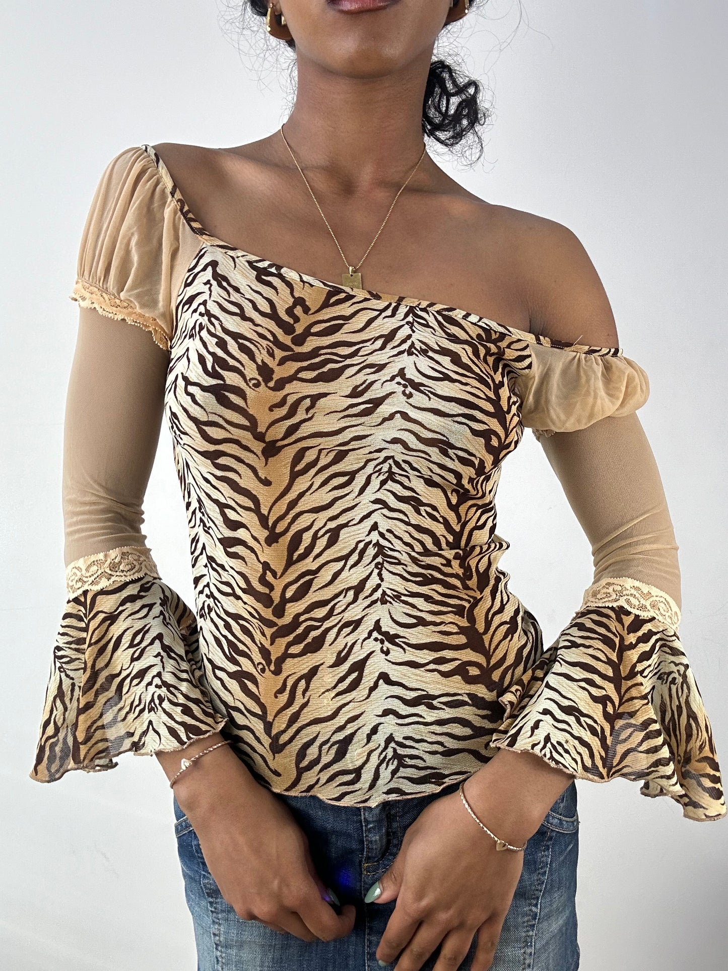vintage edit: tops | small beige tiger print long sleeve top with mesh capped sleeves