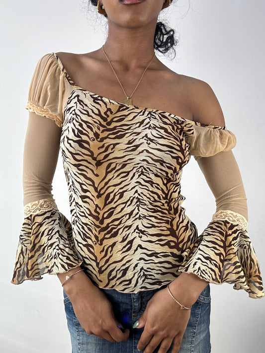 vintage edit: tops | small beige tiger print long sleeve top with mesh capped sleeves