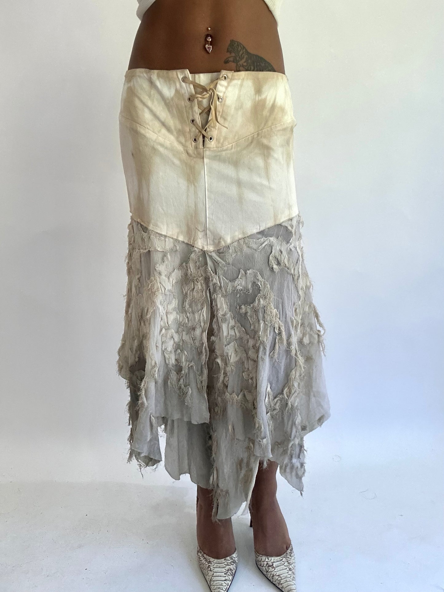 olivia rodrigo drop | small cream lace up asymmetric maxi skirt