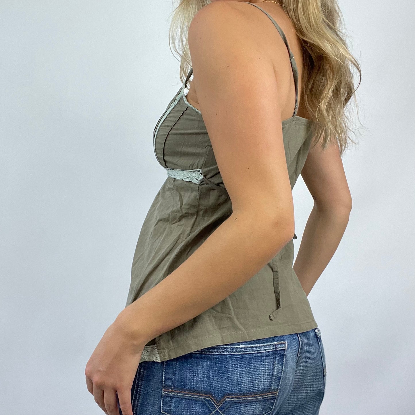COASTAL GRANDMA DROP | small khaki top with lace trim