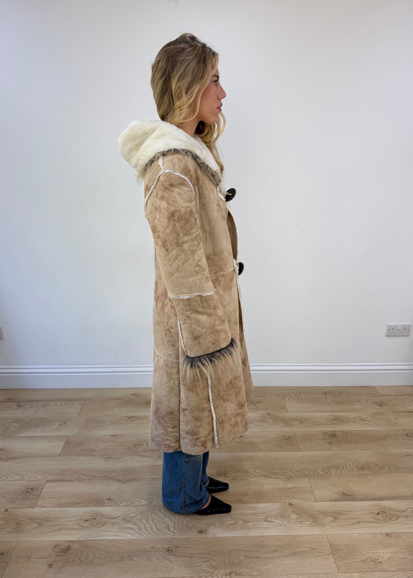 medium beige afghan coat with faux fur