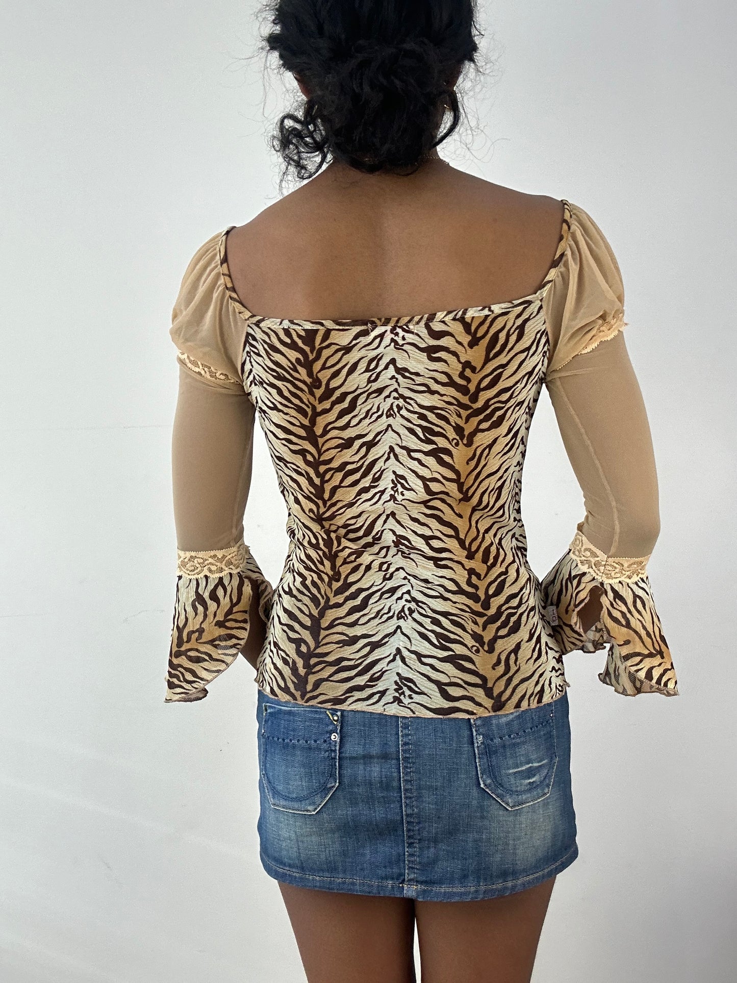 vintage edit: tops | small beige tiger print long sleeve top with mesh capped sleeves