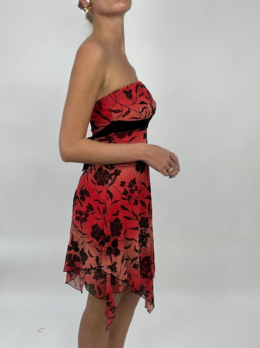 COCONUT GIRL DROP | small red jane norman bandeau style dress with black floral print
