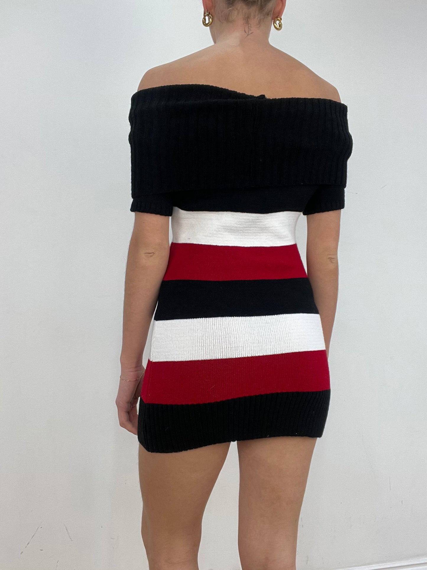 vintage edit ten | small red black and white off the shoulder jumper dress