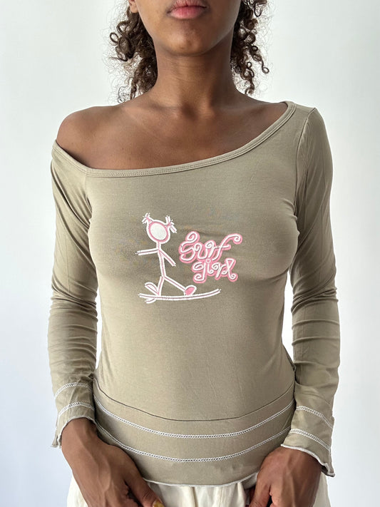 ‼️ | small light brown off the shoulder surf girl long sleeve top