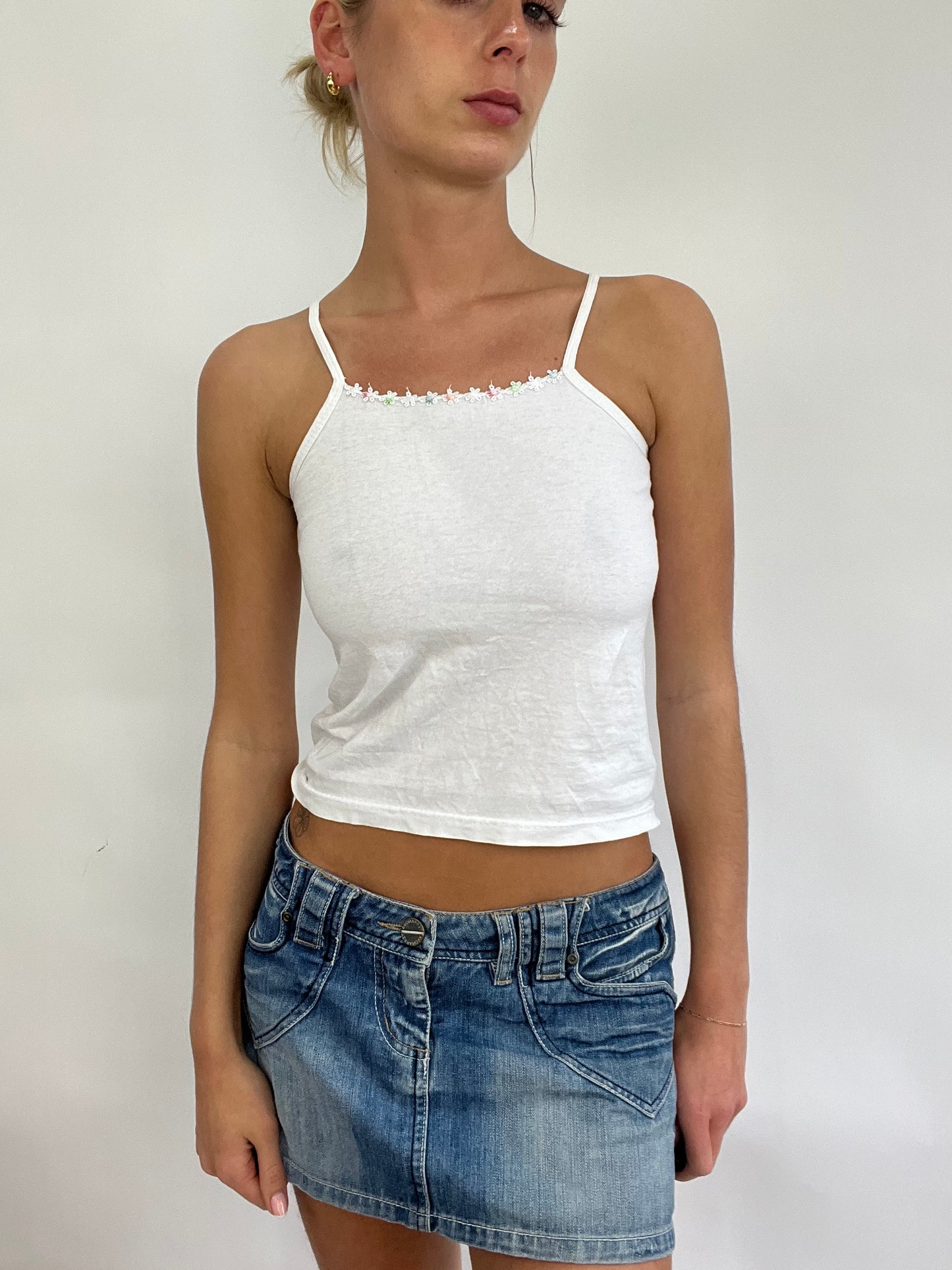 COACHELLA DROP | extra small white tank top with embroidered floral detail on collar
