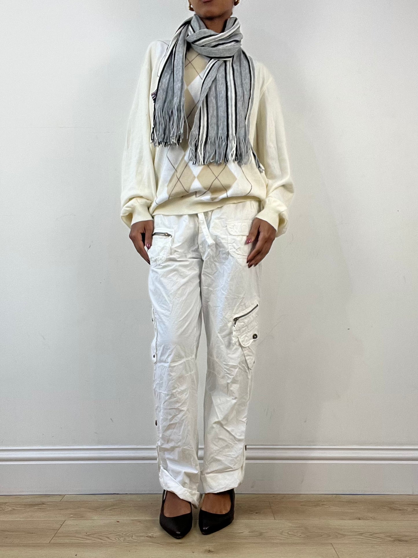 winter edit | grey and white striped cotton tassel scarf