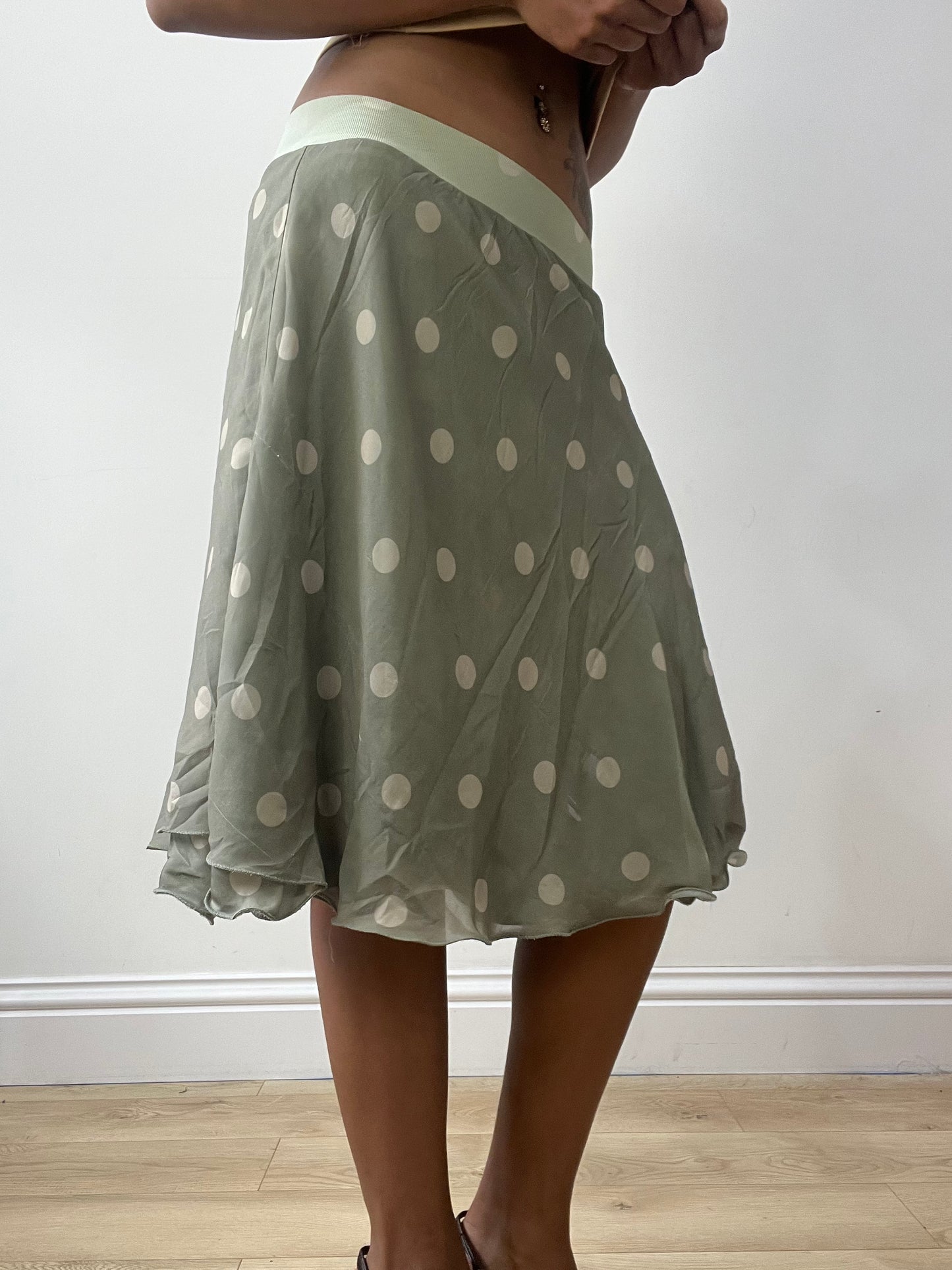 vintage edit thirty-two | extra small green a-line midi skirt with polka dot print