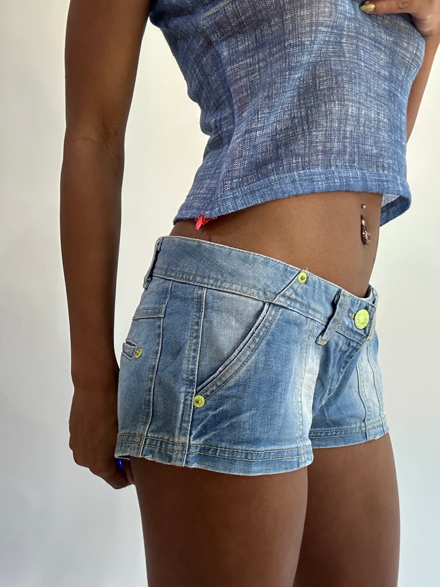 wag drop | medium blue denim mini shorts with yellow detailing