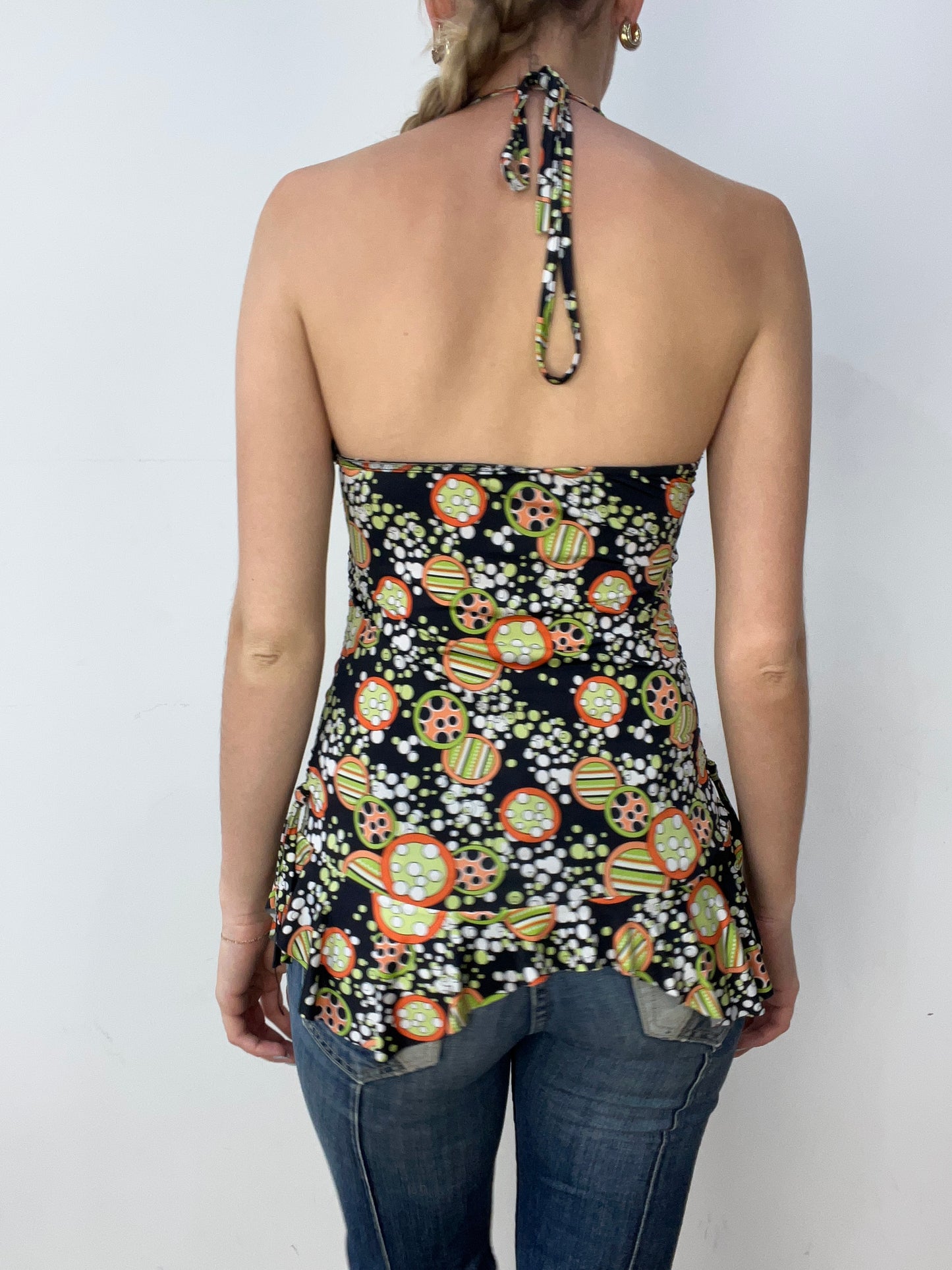 vintage edit thirty | small black and orange halterneck top
