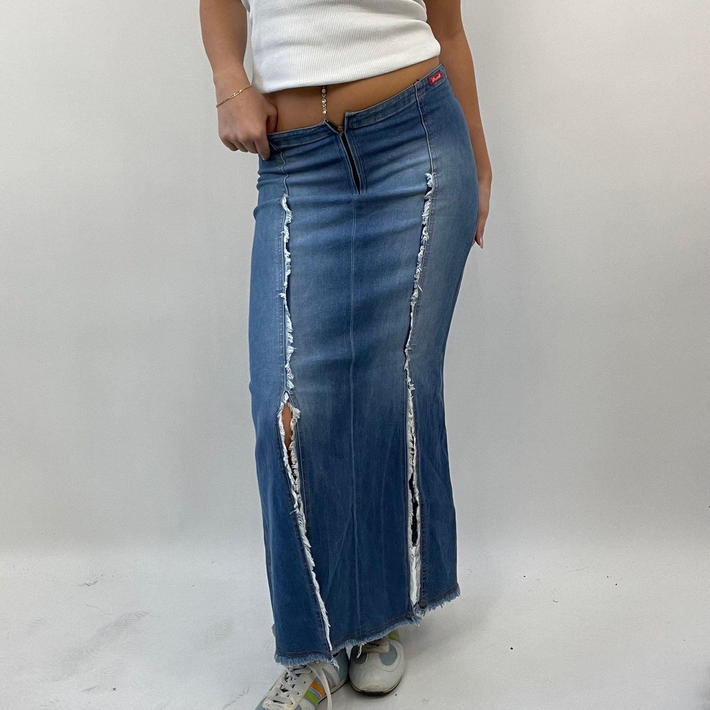 BEST PICKS | medium blue distressed denim maxi skirt with slits