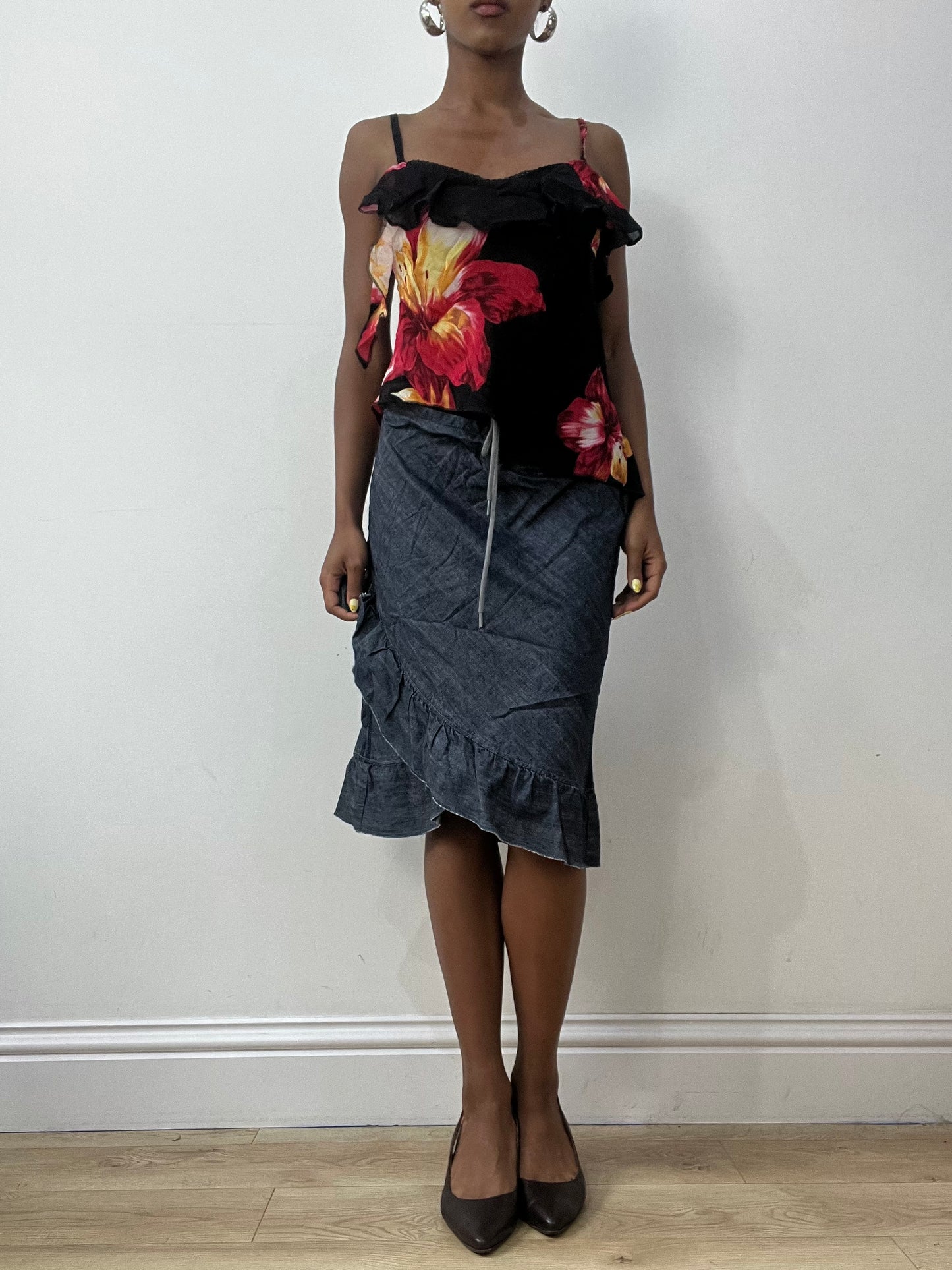vintage edit thirty-two | small blue sisley denim midi skirt with ruffle hem