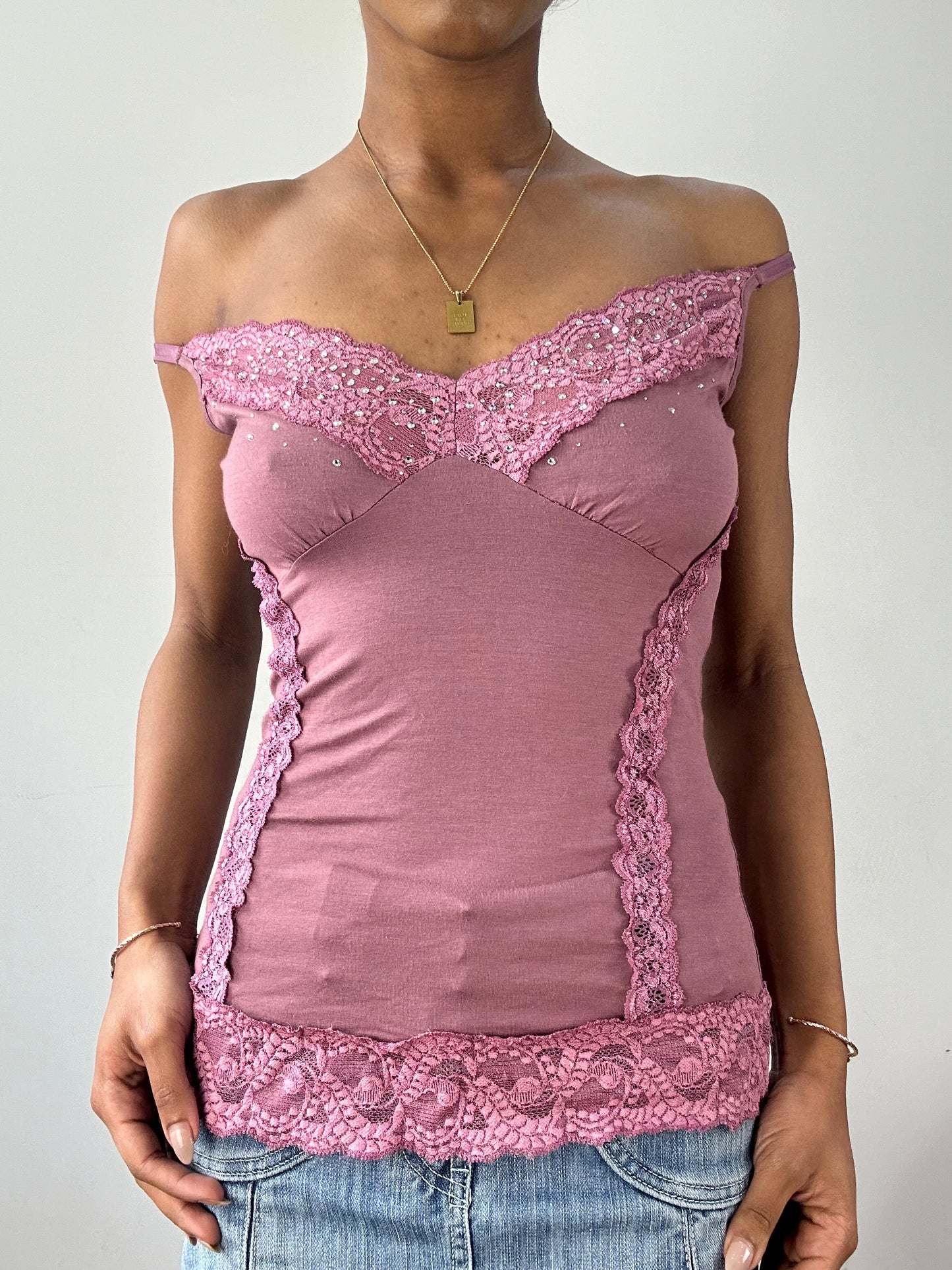 vintage edit fifteen | small pink lace cami top with rhinestones
