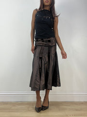vintage edit thirty-three | extra small brown satin style pleated midi skirt