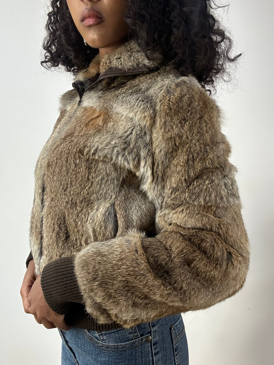 LFW edit | small brown fur zip up bomber jacket
