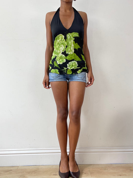 vintage edit twenty-nine | small black halterneck top with green floral print